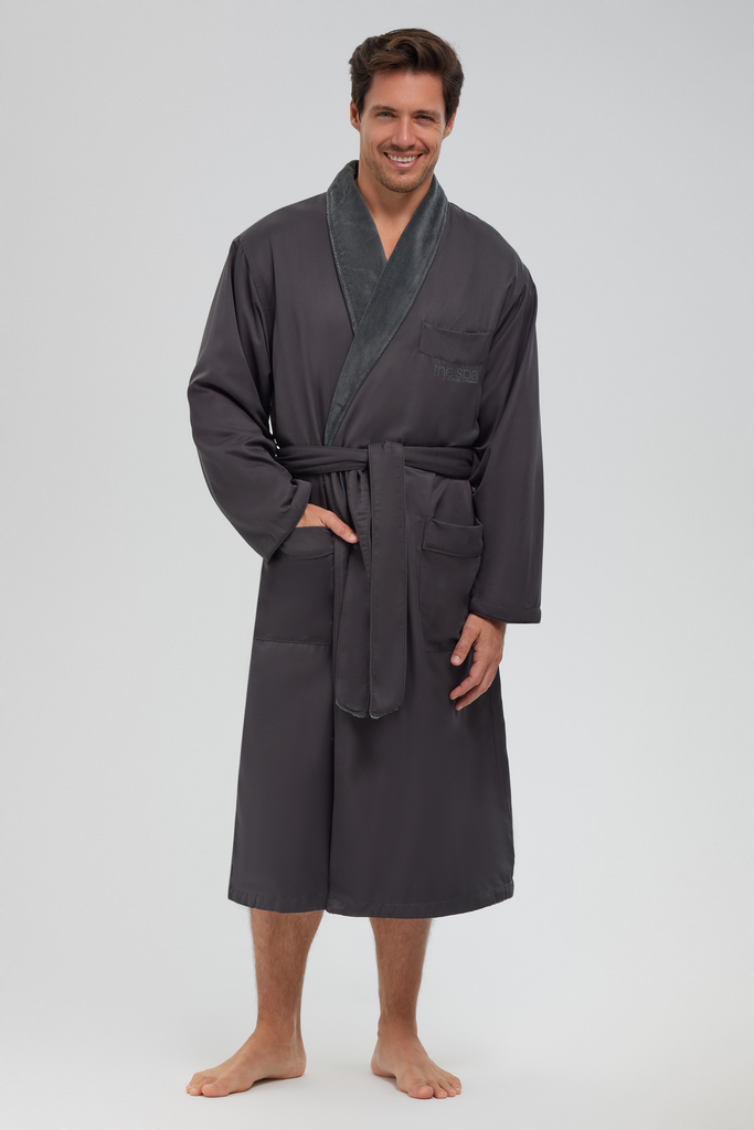 Hotel Overrun Microfiber Shawl Robe Lined in Plush in Charcoal (With Logo)